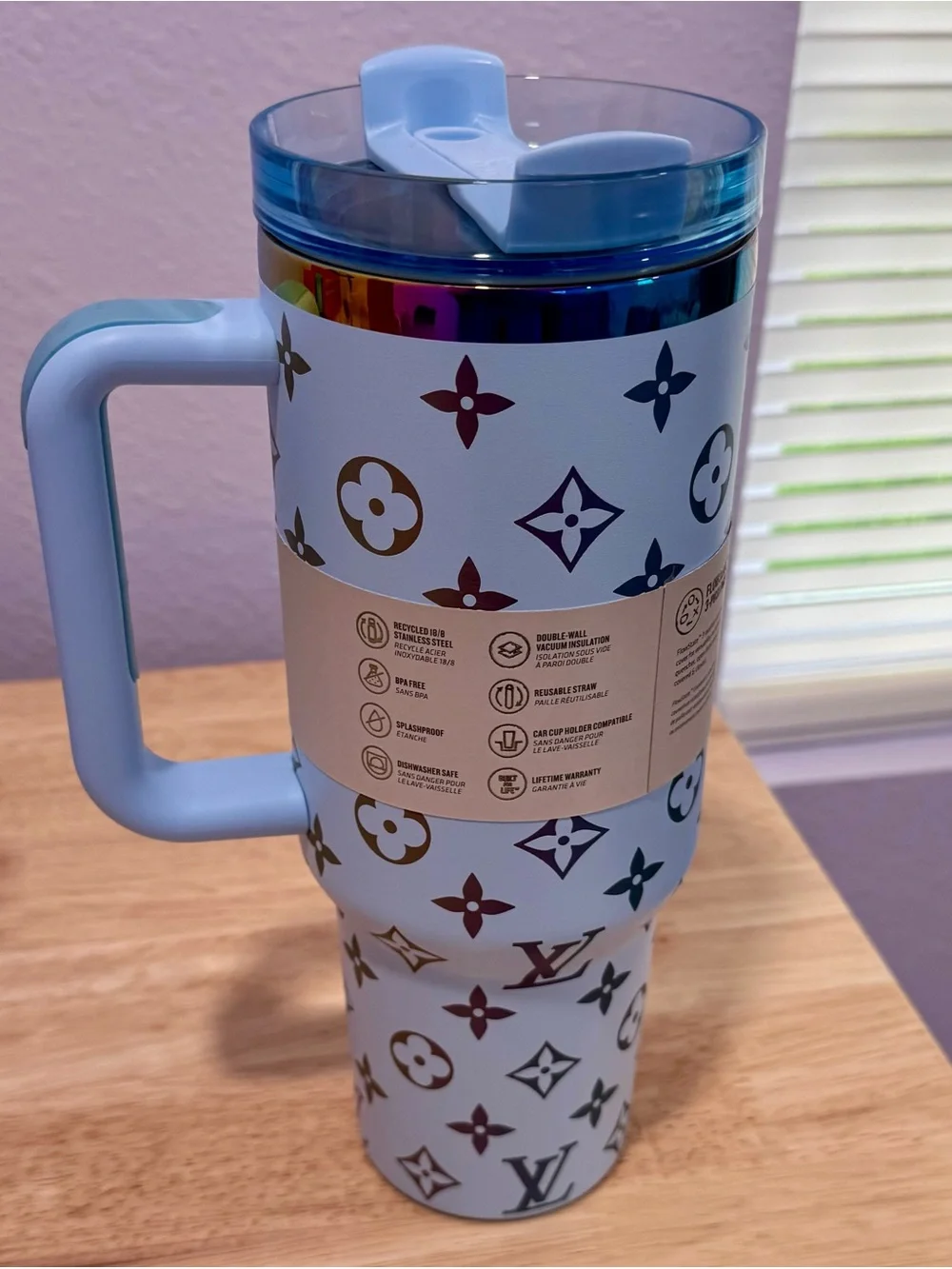 New Stanley Light Blue Tumbler with Multicolor Metallic Monogram - Picture 4 of 9